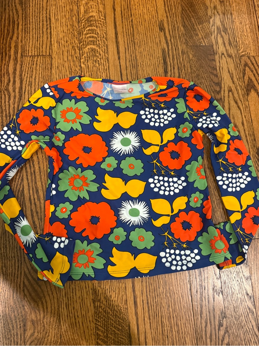 Marimekko Navy Long Sleeve Tee with Bright Orange, Yellow & Green Floral Print